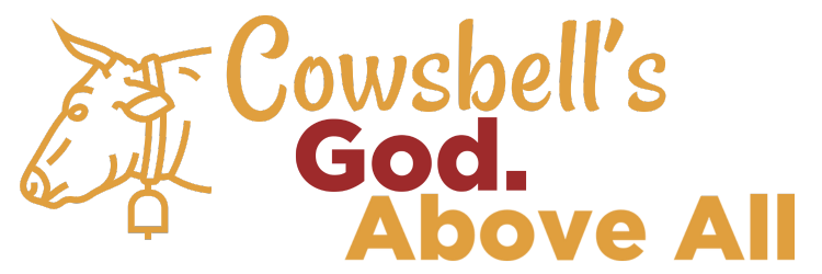 site logo: Cowsbell's God. Above All - bold letters on dark blue field with outline of cow's head with bell on neck at left