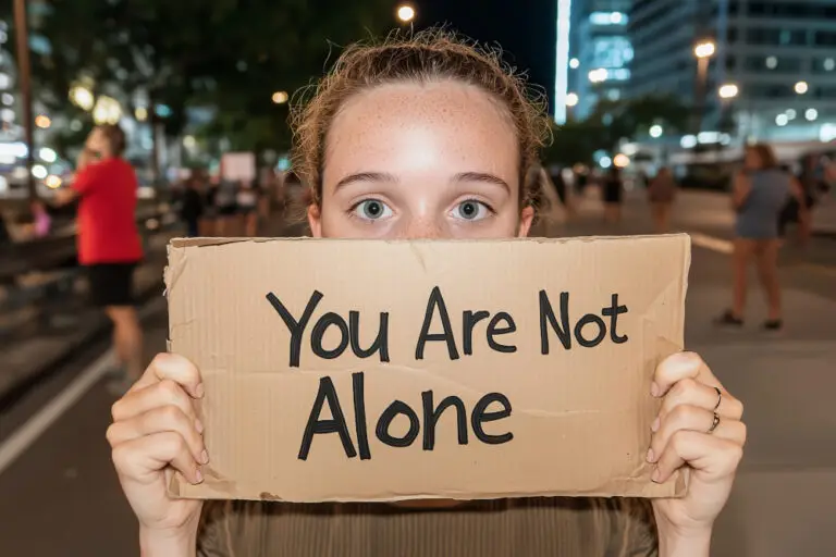 photo night scene young woman holding cardboard in front of lower part of face with black letters, "You Are Not Alone"