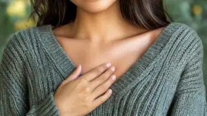 young woman in sweater with hand over her heart