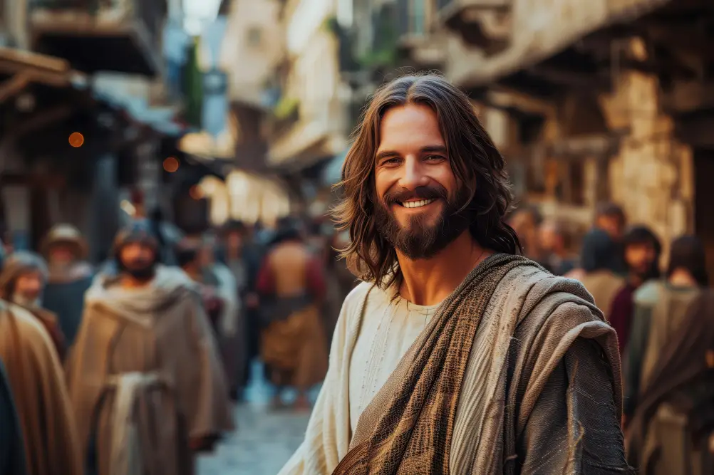 Jesus smiling among street people