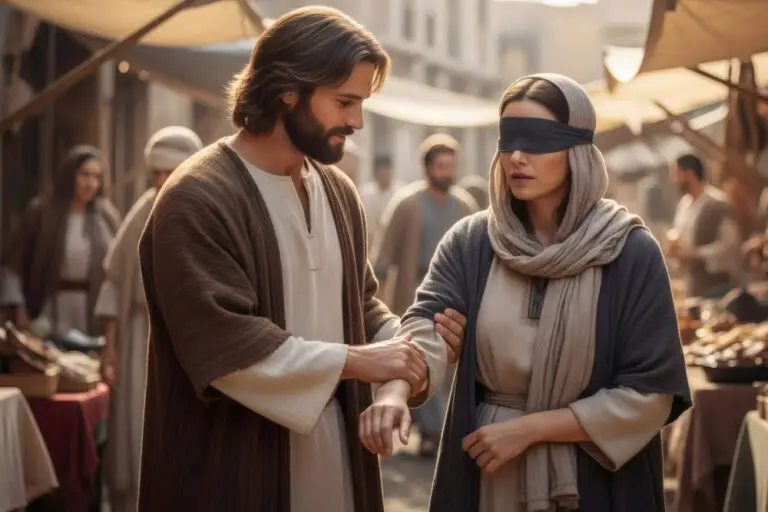 picture Jesus coming alongside blindfolded woman in marketplace to guide her to safety