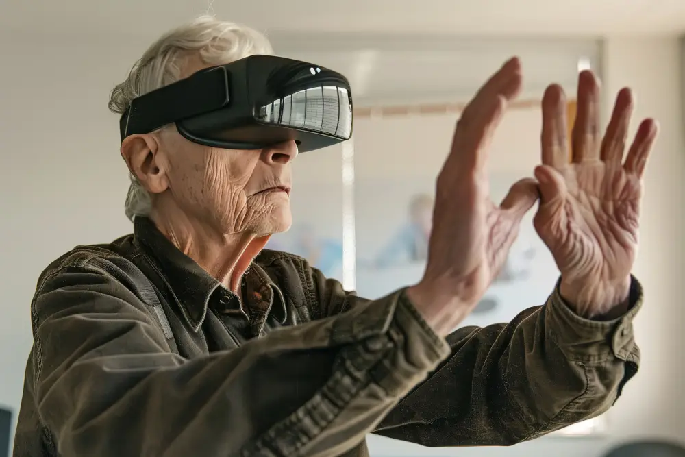 picture of older man trying to touch truth through virtual reality glasses