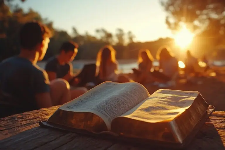 group studying Bible by lake at sunrise