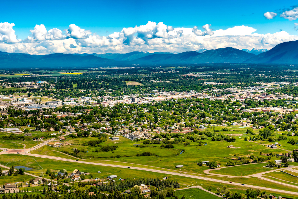 aerial view of Kalispell, Montana looking toward Glacier National Park