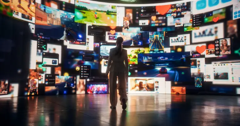 wall of monitors with dozens of input feeds