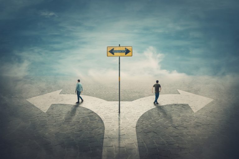 graphic, two way sign with two people going opposite ways