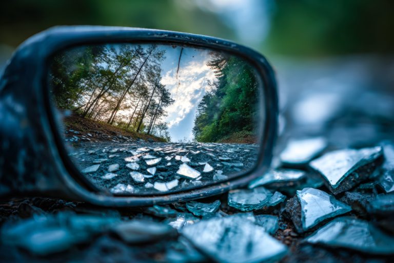 photo looking back through broken rearview mirror