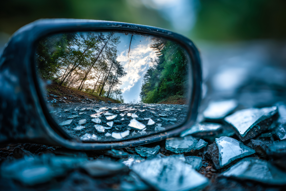 photo looking back through broken rearview mirror