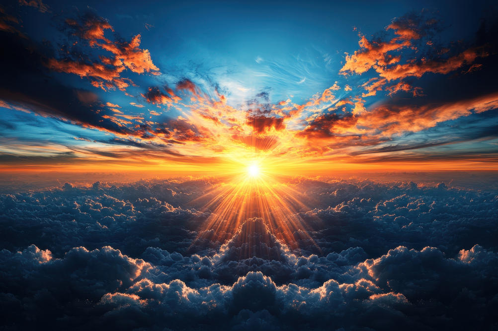 bright, colorful sky with clouds and sun at horizon