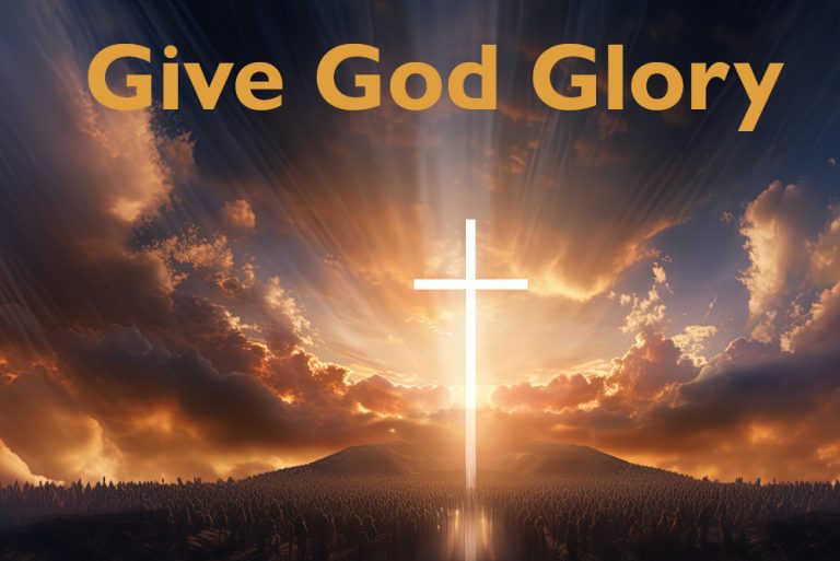 bright sky with white cross center and 'Give God Glory' banner at top